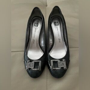 Anne Klein Black Leather Wedge Heels with Silver Buckle